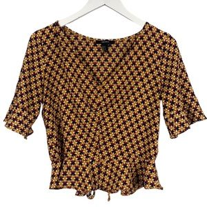 Forever 21 Print Ruffle Hem Sleeve Cropped Ruche Tie Top Blouse Size Medium
